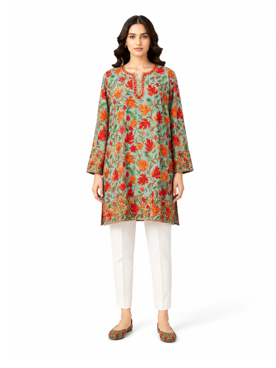 Noor : chinar embroidery summer kurti | Light Green